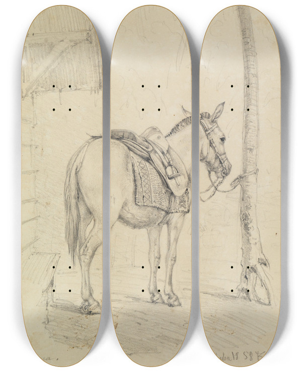 Triptych art skateboard deck of Ferdinand Keller Studie Cigana Gesattelt Vor Einem Haus by Ferdinand Keller (1842-1922)