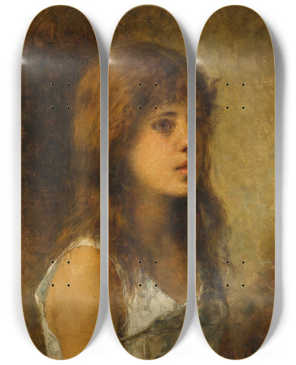 Triptych art skateboard deck of Alexei Harlamoff Portrait Of A Girl by Alexei Harlamoff (1840-1925)
