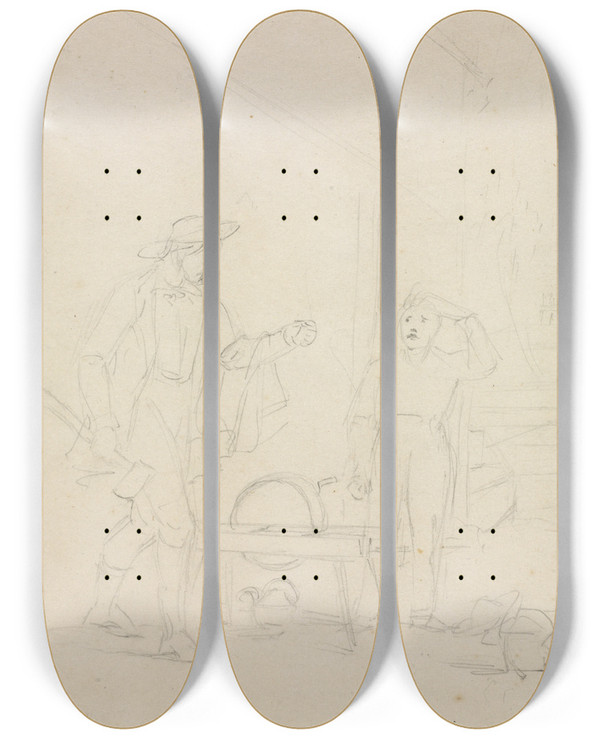 Triptych art skateboard deck of William Sidney Mount Wholl Turn The Grindstone by William Sidney Mount (1807-1868)