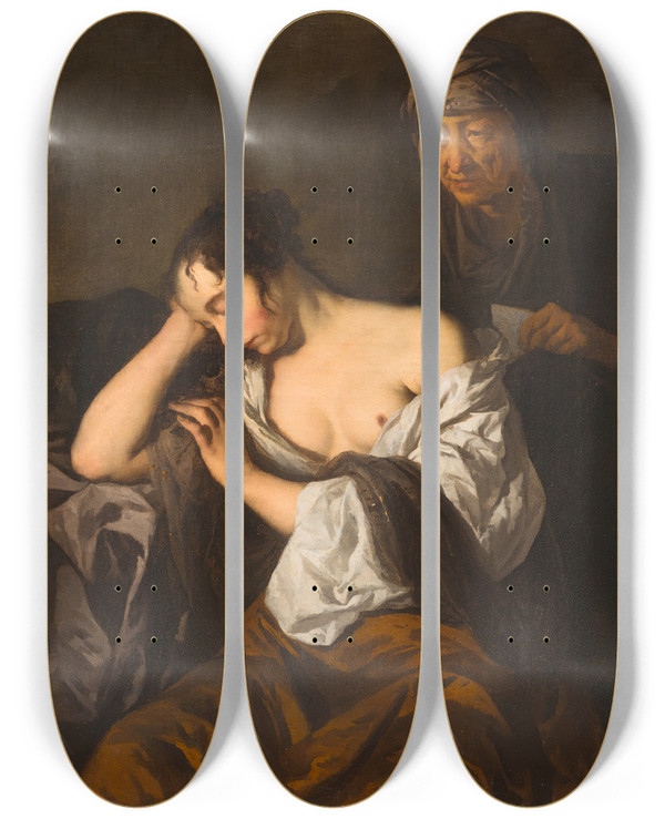 Triptych art skateboard deck of Sir Peter Lely The Letter by Sir Peter Lely (1618-1680)