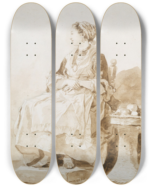 Triptych art skateboard deck of Jeanhonor Fragonard Neapolitan Woman Sitting Outside by Jean-Honor Fragonard (1732-1806)