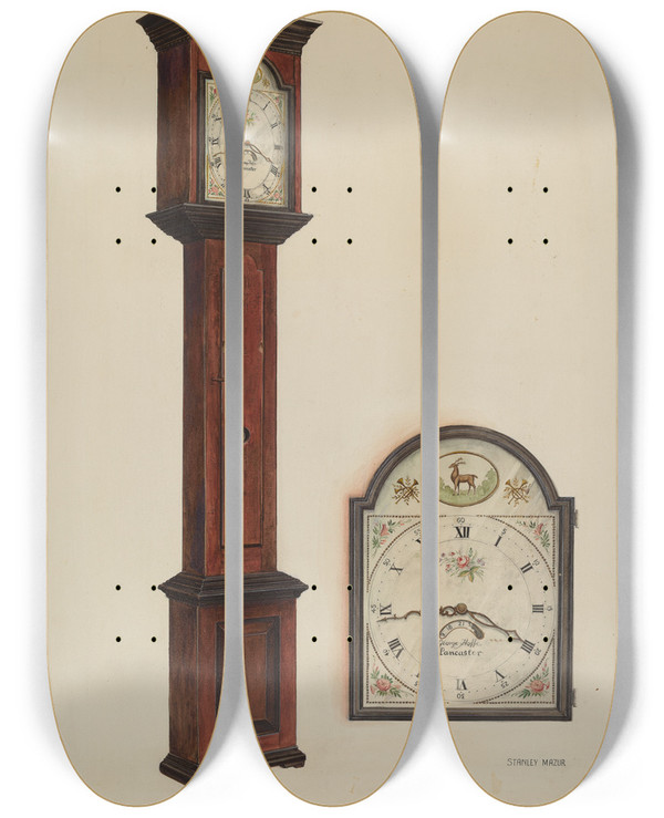Triptych art skateboard deck of Stanley Mazur Grandfather Clock by Stanley Mazur