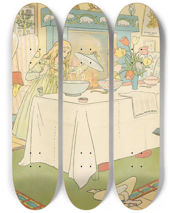 Triptych art skateboard deck of Leonard Leslie Brooke Goldilocks Tastes The Porridge by Leonard Leslie Brooke (1862-1940)