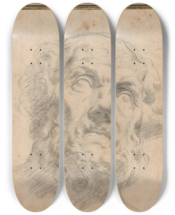 Triptych art skateboard deck of Follower Of Peter Paul Rubens Head Of An Old Man Possibly Seneca by Follower Of Peter Paul Rubens (1577-1640)