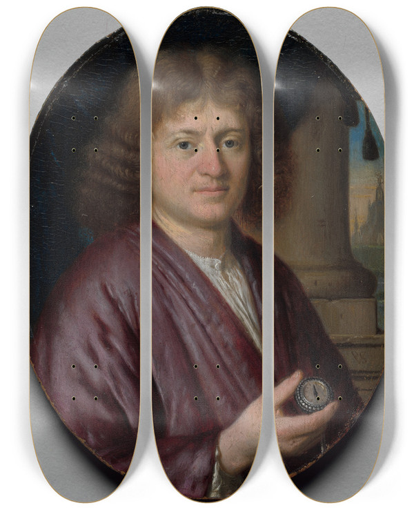 Triptych art skateboard deck of Pieter Cornelisz Van Slingelandt Portrait Of A Man Holding A Watch by Pieter Cornelisz Van Slingelandt (1640-1691)