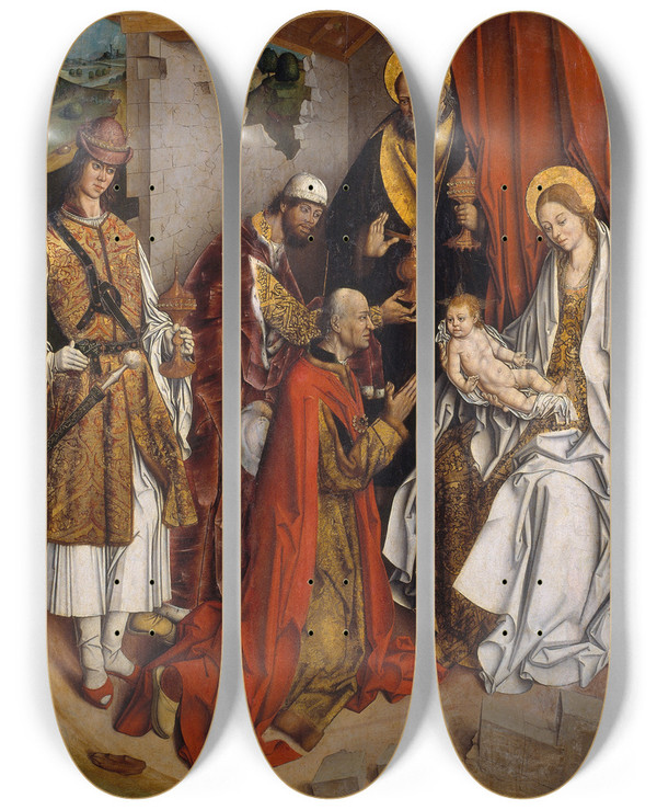 Triptych art skateboard deck of Fernando Gallego Epiphany by Fernando Gallego (1440-1507)