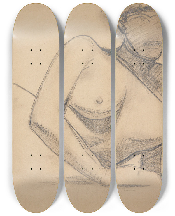 Triptych art skateboard deck of Harald Giersing Liggende Kvindelige Model by Harald Giersing (1881-1927)