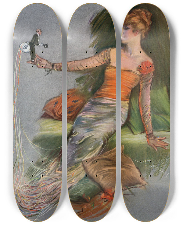 Triptych art skateboard deck of Lou Mayer The Silk Worm by Lou Mayer (19-20-)