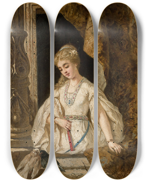 Triptych art skateboard deck of Kazimierz Mirecki Woman In The Window by Kazimierz Mirecki (1830-1911)