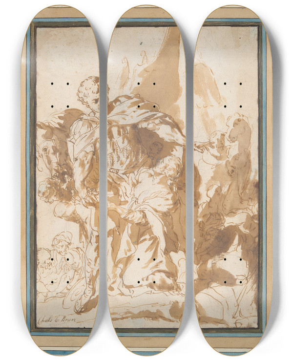 Triptych art skateboard deck of Circle Of Charles Le Brun The Continence Of Scipio by Circle Of Charles Le Brun (1619-1690)