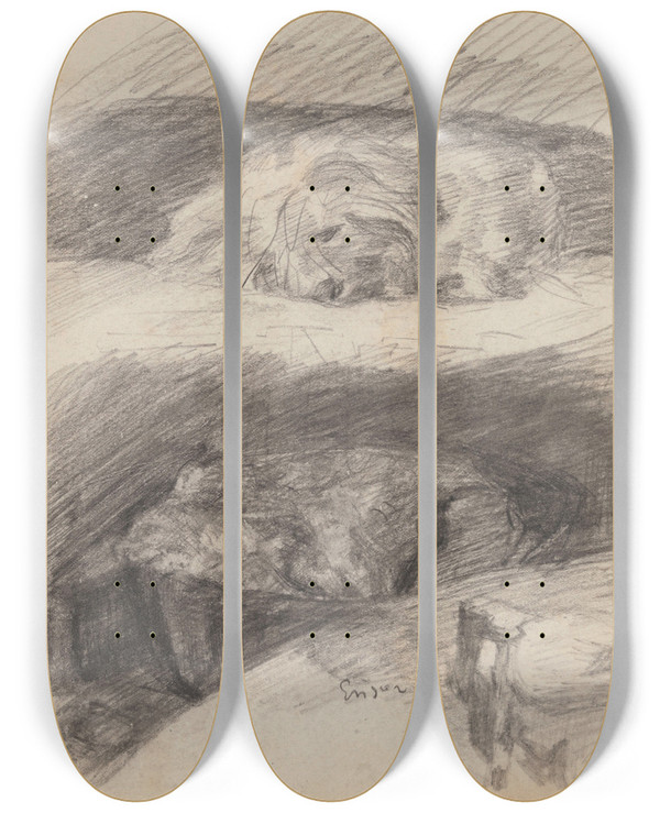 Triptych art skateboard deck of James Ensor Sleeping Dogs by James Ensor (1860-1949)