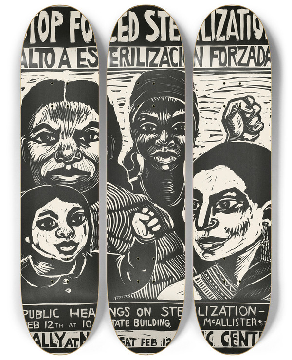 Triptych art skateboard deck of Rachael Romero Stop Forced Sterilization by Rachael Romero (1953)
