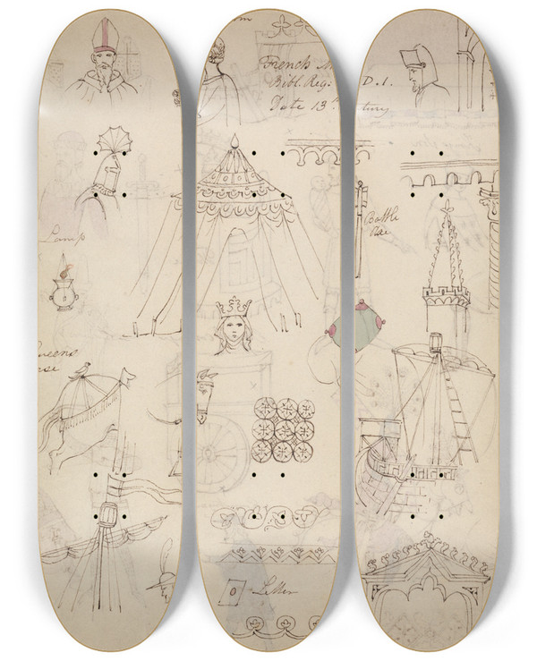 Triptych art skateboard deck of Robert Smirke Studies From A French Mss Bible Registry by Robert Smirke (1752-1845)