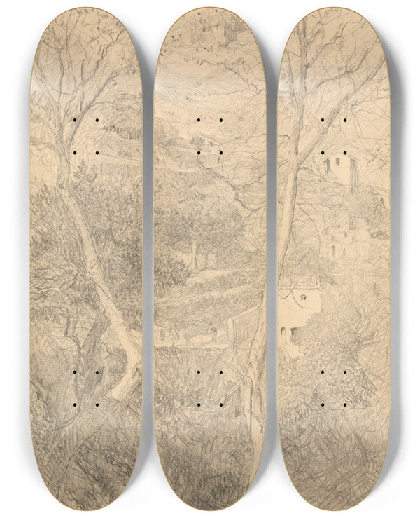 Triptych art skateboard deck of William Blake Richmond Town On A Hillside by William Blake Richmond (1842-1921)
