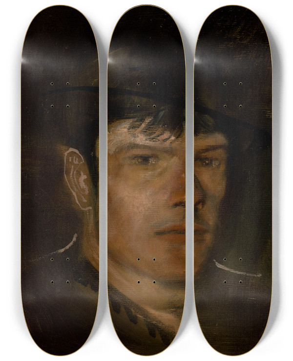 Triptych art skateboard deck of Ladislav Mednynszky Lad With A Large Ear And A Small Hat by Ladislav Mednyanszky (1852-1919)