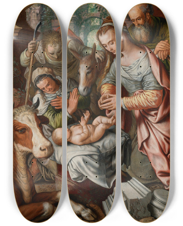 Triptych art skateboard deck of Joachim Beuckelaer The Adoration Of The Shepherds by Joachim Beuckelaer (1530-1574)