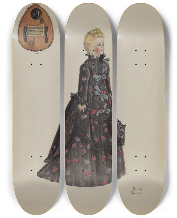 Triptych art skateboard deck of Beverly Chichester Walking Doll by Beverly Chichester (20-)