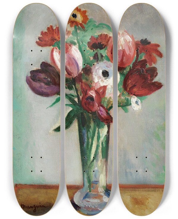 Triptych art skateboard deck of Henri Manguin Tulipes Et Renoncules by Henri Manguin (1874-1949)