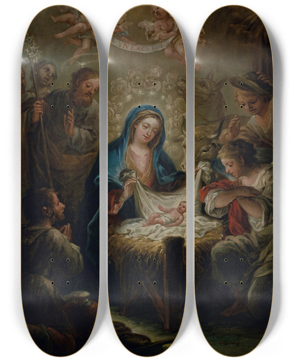 Triptych art skateboard deck of Jernimo Ezquerra The Adoration Of The Sheperds by Jeronimo Ezquerra (1660-1733)