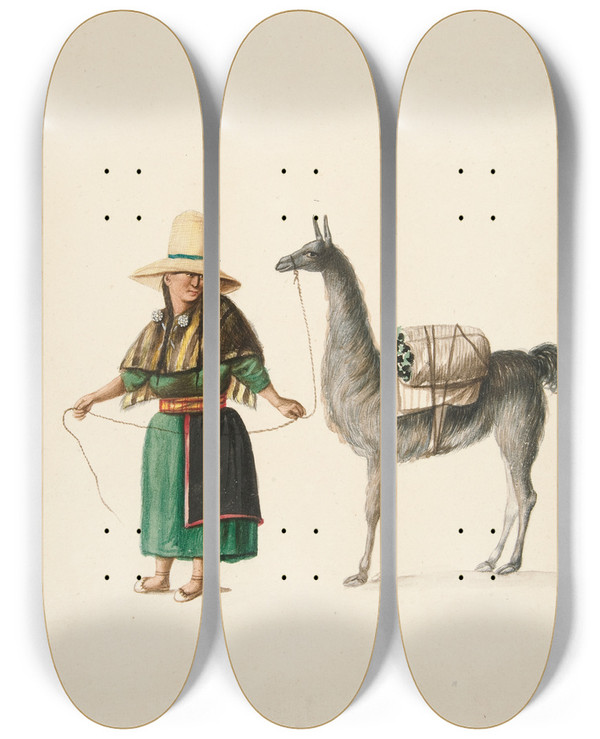 Triptych art skateboard deck of Francisco Fierro Indian Woman And Llama by Francisco Fierro (1807-1879)