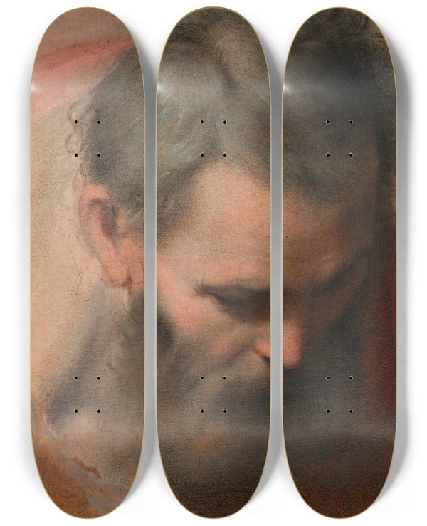Triptych art skateboard deck of Federico Barocci Head Of Saint Joseph by Federico Barocci (1528-1612)