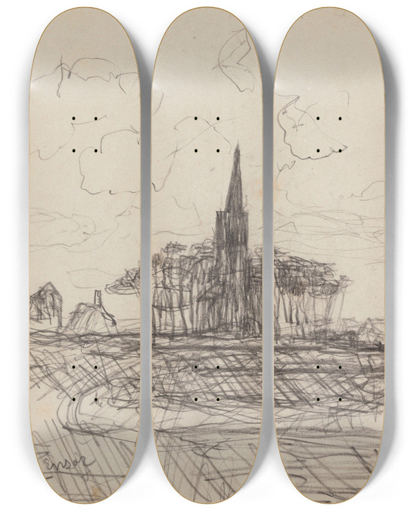Triptych art skateboard deck of James Ensor Village Church Surrounded By Trees by James Ensor (1860-1949)