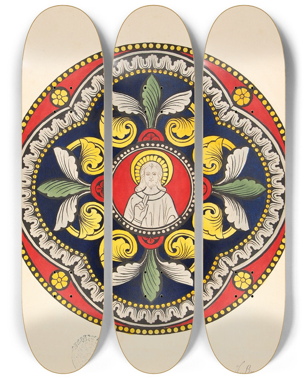 Triptych art skateboard deck of Lilly Walther Klaasimaali Kavand Kristusega by Lilly Walther (1866-1946)