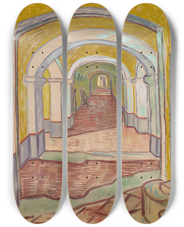 Triptych art skateboard deck of Vincent Van Gogh Corridor In The Asylum by Vincent van Gogh (1853-1890)