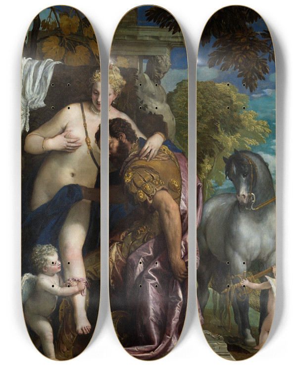 Triptych art skateboard deck of Paolo Veronese Mars And Venus United By Love by Paolo Veronese (1528-1588)