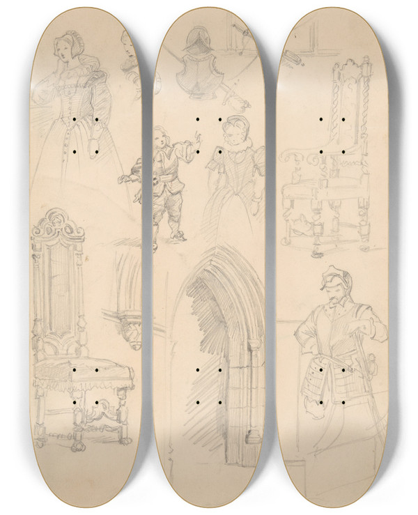 Triptych art skateboard deck of Jzef Simmler Sketches Of Baroque Costumes And Furniture And Gothic Architectural Details by Jozef Simmler (1823-1868)