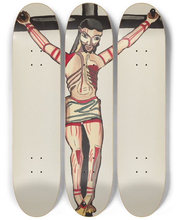 Triptych art skateboard deck of American 20Th Century Plate 26 Christ Crucified From Portfolio Spanish Colonial Designs Of New Mexico by American 20Th Century