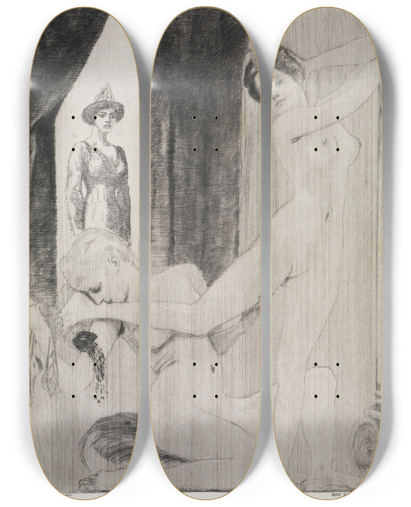 Triptych art skateboard deck of Max Klinger Bereitung Zum Tanz Zelt Opus Xiv 2 Teil Nr 25 by Max Klinger (1857-1920)