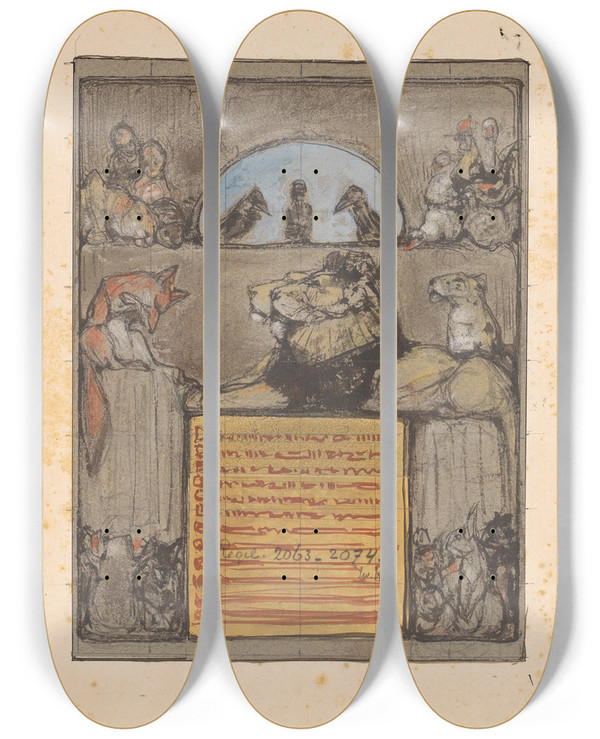 Triptych art skateboard deck of Bernard Willem Wierink Reinaert Buigt Voor Koning Nobel En De Verzamelde Dieren by Bernard Willem Wierink (1856-1939)