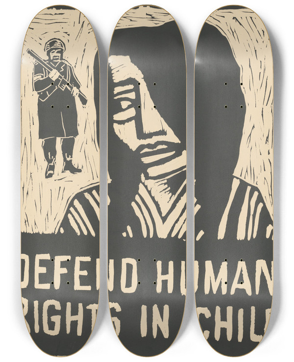 Triptych art skateboard deck of Rachael Romero Defend Human Rights In Chile by Rachael Romero (1953)