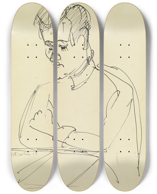 Triptych art skateboard deck of Ernst Ludwig Kirchner Portrait Of Hermann Scherer by Ernst Ludwig Kirchner (1880-1938)