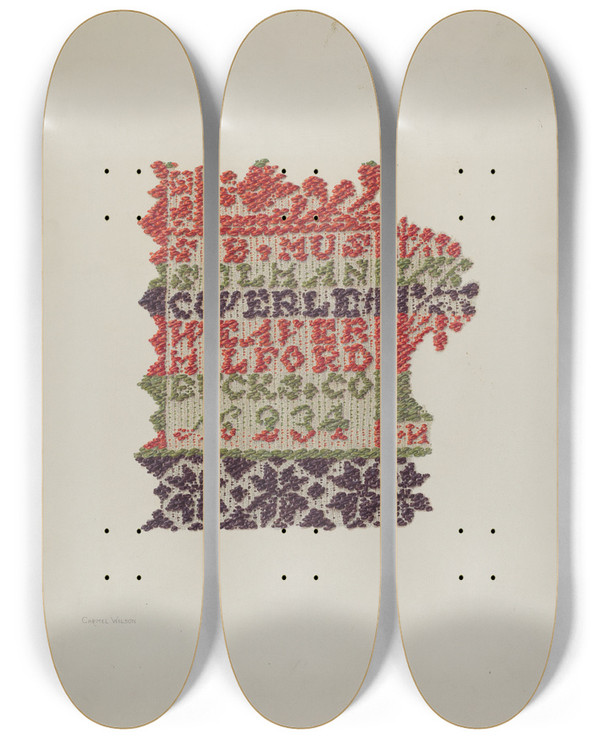 Triptych art skateboard deck of Carmel Wilson Coverlet by Carmel Wilson