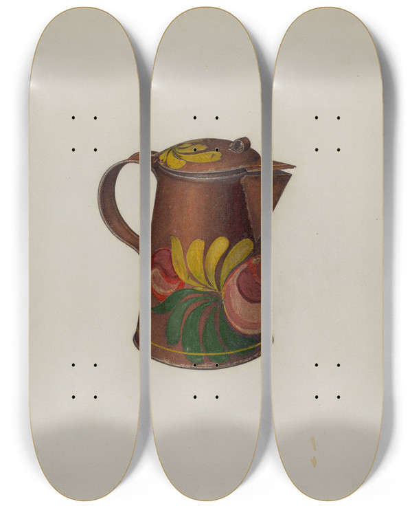 Triptych art skateboard deck of Mildred Ford Toleware Syrup Pot_1 by Mildred Ford (20-)