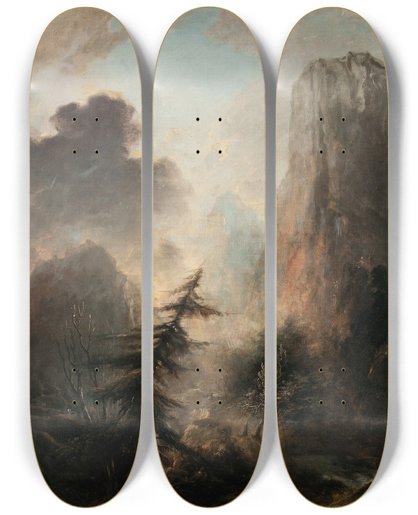 Triptych art skateboard deck of Elias Martin Romantic Landscape With Spruce by Elias Martin (1739-1818)