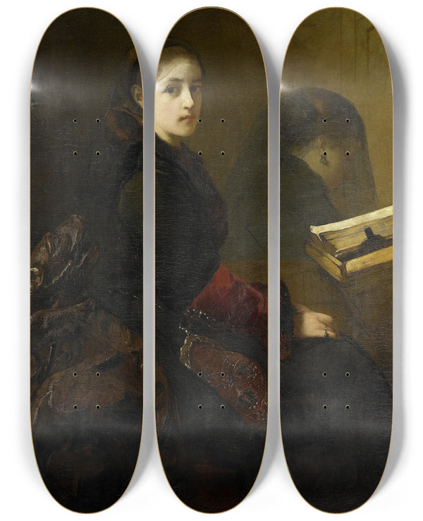 Triptych art skateboard deck of Christoffel Bisschop The Interrupted Prayer by Christoffel Bisschop (1826-1904)