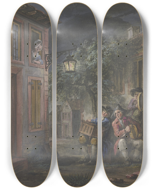Triptych art skateboard deck of Maximilian Neustck Nchtliches Stndchen In Der Gasse Eines Stdtchens by Maximilian Neustuck (1756-1834)