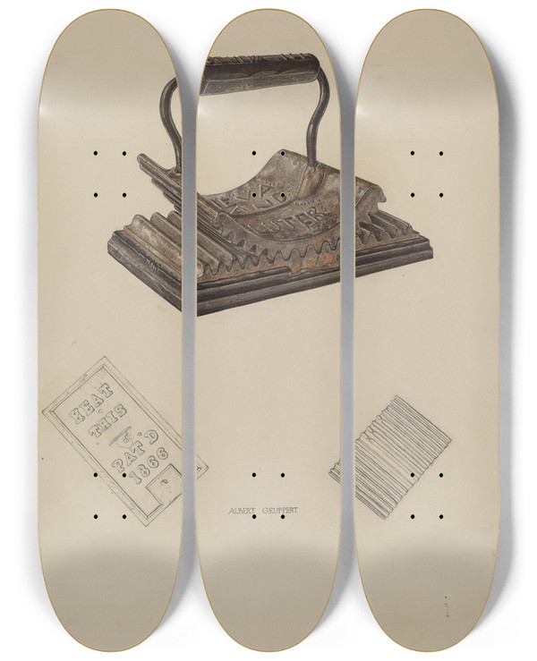 Triptych art skateboard deck of Albert Geuppert Fluting Iron by Albert Geuppert