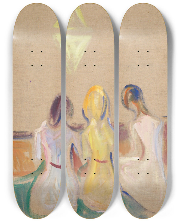 Triptych art skateboard deck of Edvard Munch Three Seated Young Women by Edvard Munch (1863-1944)