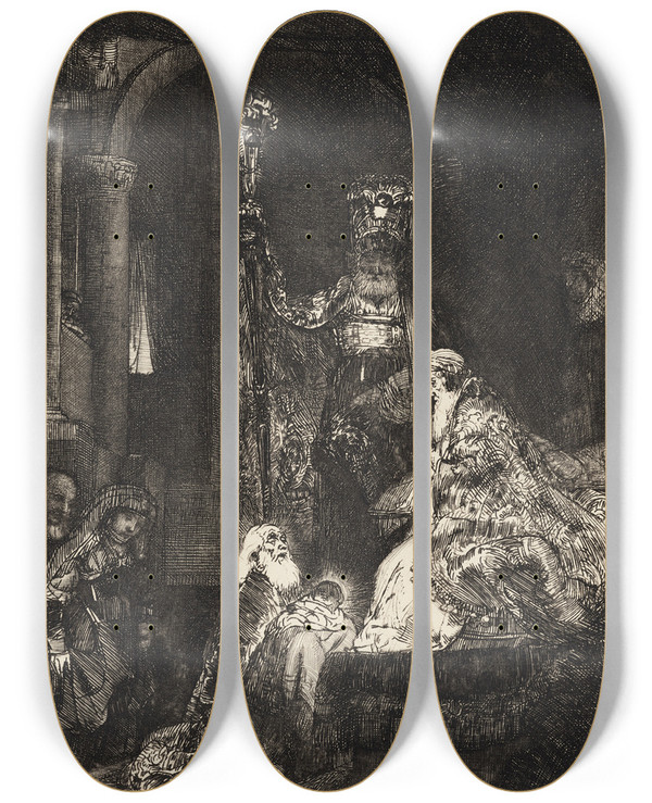 Triptych art skateboard deck of Rembrandt Van Rijn The Presentation In The Temple In The Dark Manner by Rembrandt Van Rijn (1606-1669)