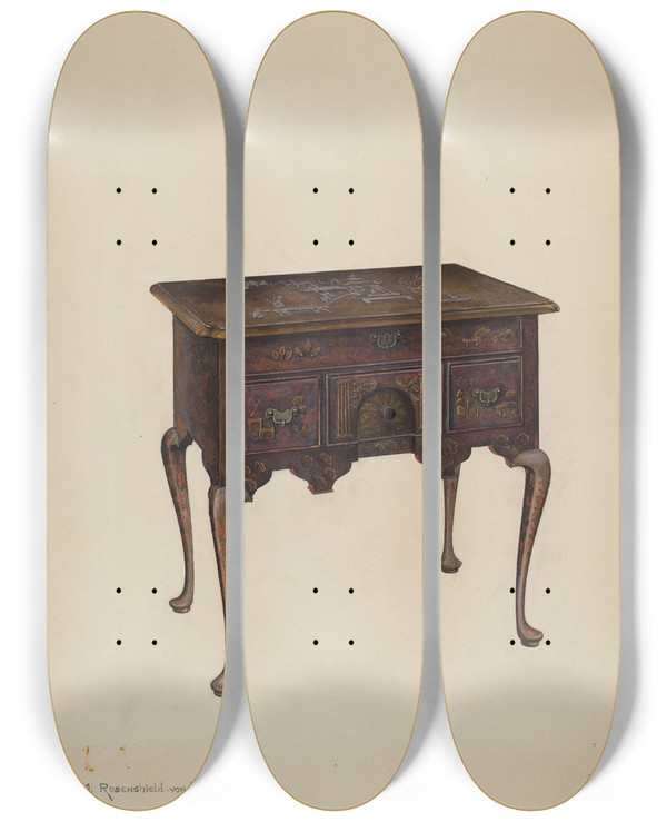 Triptych art skateboard deck of M Rosenshieldvonpaulin Lowboy by M. Rosenshield-von-Paulin