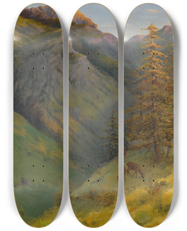 Triptych art skateboard deck of Hans Gantner The Augustenberg From The Malbuntal Valley by Hans Gantner (1853-1914)