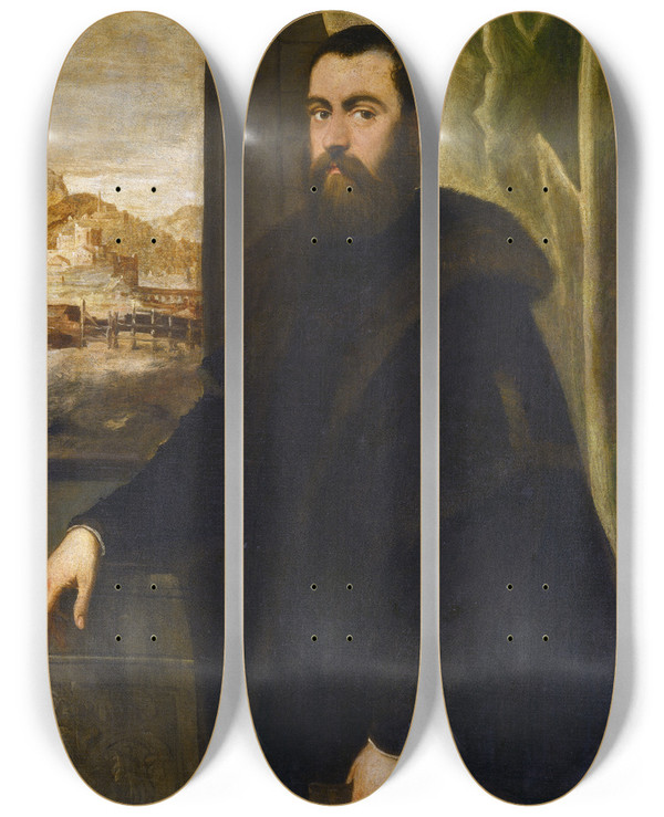 Triptych art skateboard deck of Jacopo Tintoretto Portrait Of A Man With A Landscape View by Jacopo Tintoretto (1518-1594)