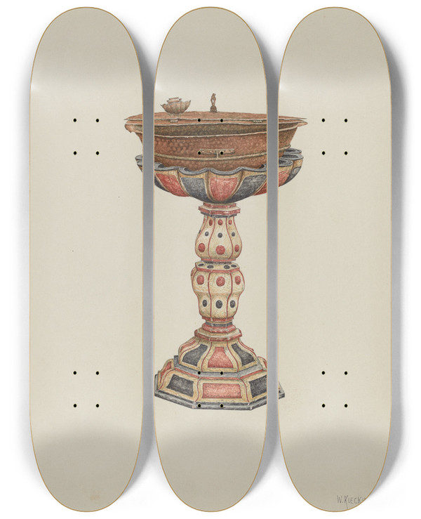 Triptych art skateboard deck of William Kieckhofel Baptismal Font And Stand by William Kieckhofel (20-)