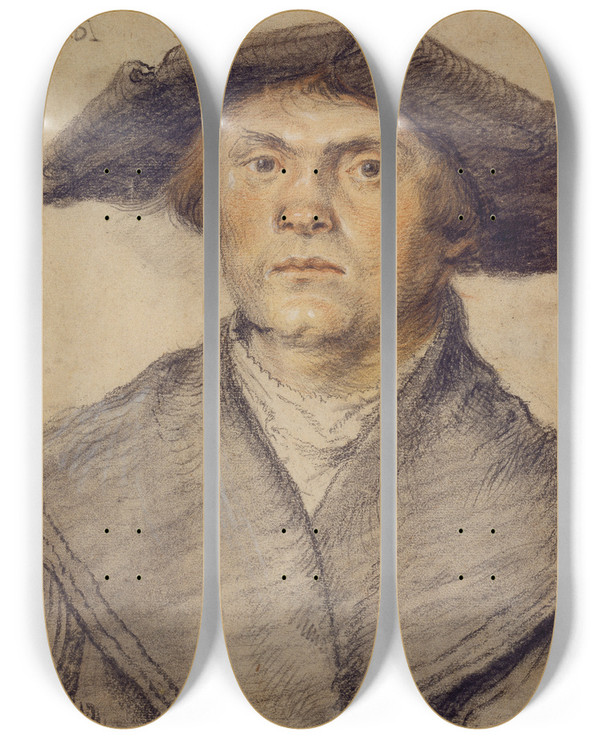 Triptych art skateboard deck of Wolf Huber Portrait Of A Man Waering A Furlined Coat And Broadrimmed Hat by Wolf Huber (1480-1553)