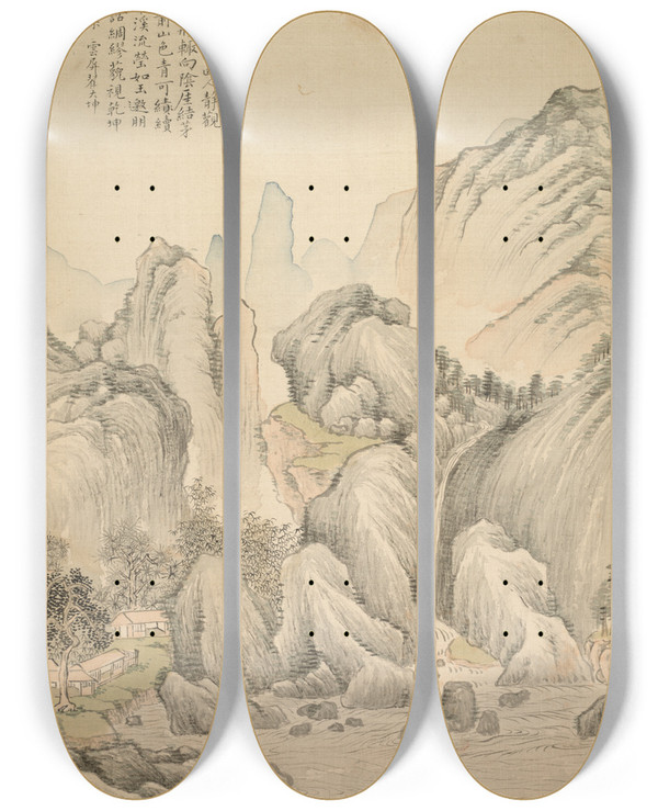 Triptych art skateboard deck of Tsubaki Chinzan Folded Hills And Layered Peaks by Tsubaki Chinzan (1801-1854)