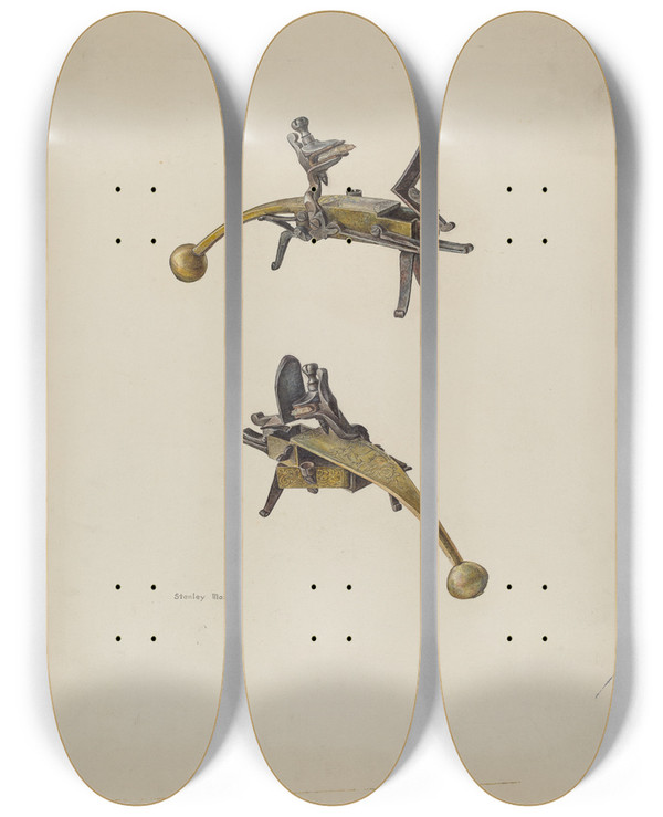 Triptych art skateboard deck of Stanley Mazur Flint Lock by Stanley Mazur